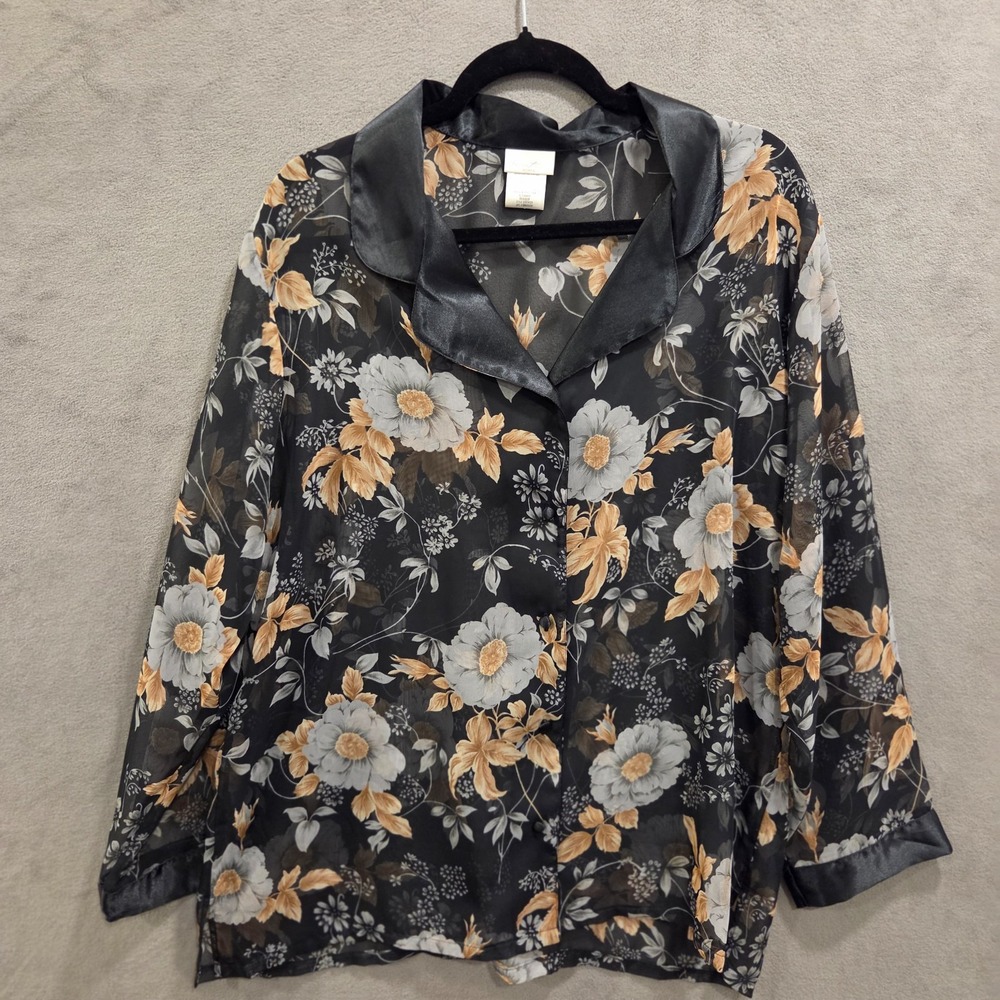 Secret Treasures‎ Black Floral Sheer Pajama Top Women's Size 1XL Satin Collar